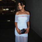 Michaela | Maternity Off-Shoulder Pleated Mesh Maxi Dress