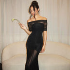 Michaela | Maternity Off-Shoulder Pleated Mesh Maxi Dress