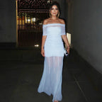 Michaela | Maternity Off-Shoulder Pleated Mesh Maxi Dress