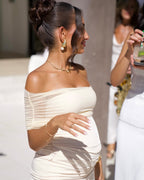 Michaela | Maternity Off-Shoulder Pleated Mesh Maxi Dress